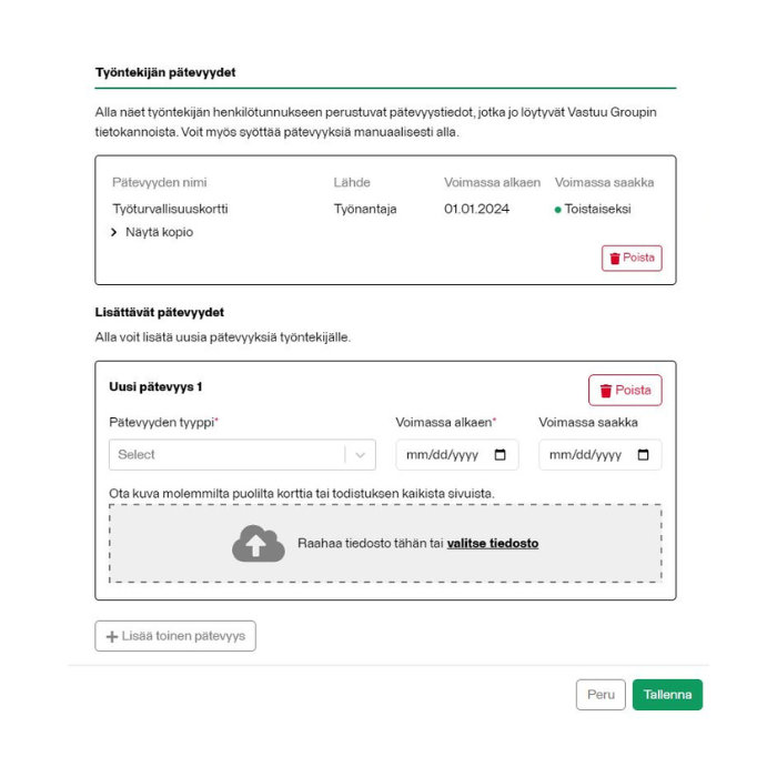 Työntekijän pätevyydet Valtti+ -palvelussa esimerkki